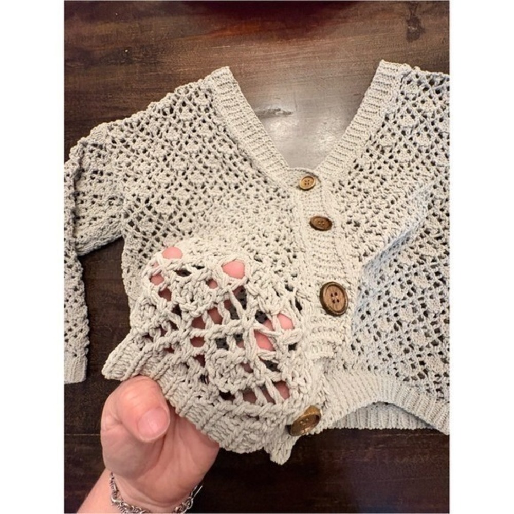 Nicole Miller Artelier Crochet Knit Button Front Grey Cardigan Boho Chic large - Picture 6 of 15